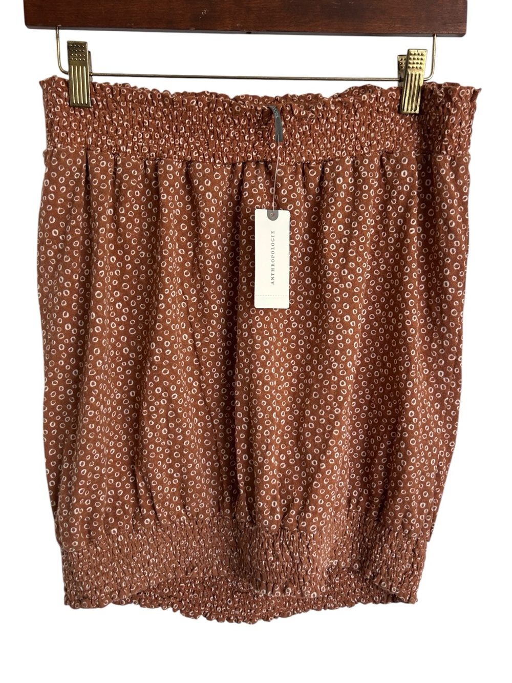 Anthropologie Linen Cotton Brown Polka Dot Smocked Tube Top Size XL